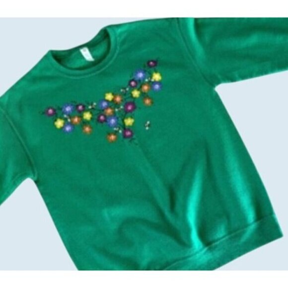 Retro Floral Bumble Bee Green Jerzees Sweatshirt Size Small - Picture 2 of 7